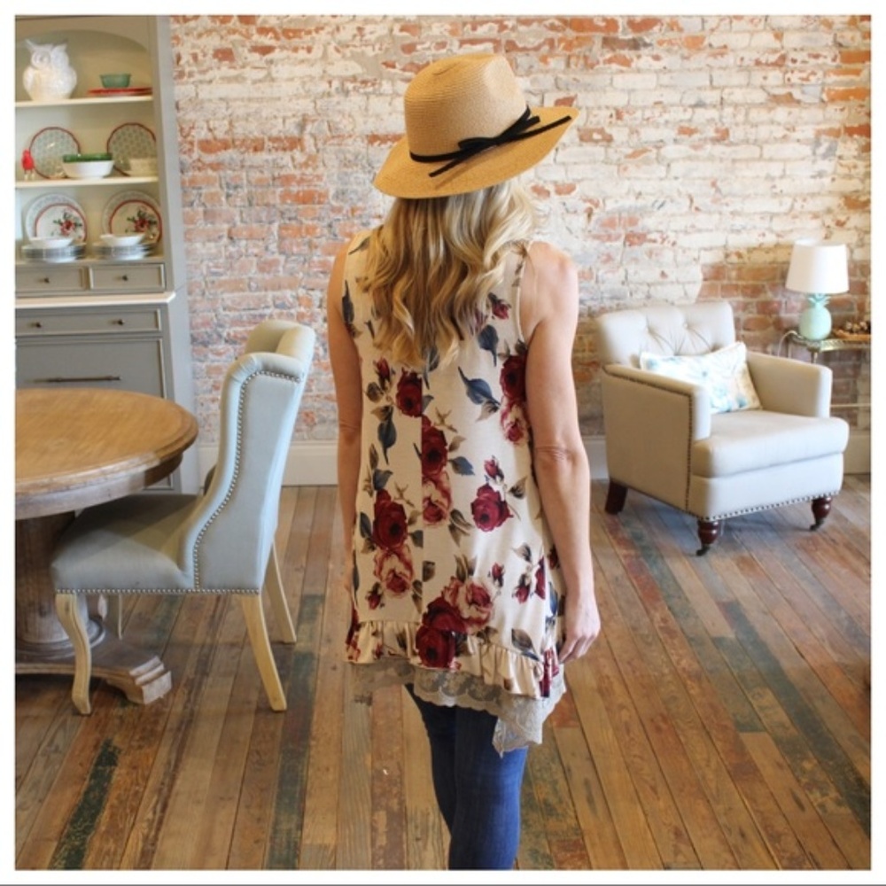 Just Restocked! Taupe Floral Lace Trim Tunic - Picture 2 of 2